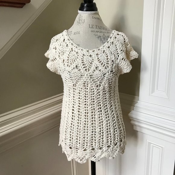 Calypso St Barth Knit Crochet Top Shirt Womens Small Cream Short Sleeve Cotton - Picture 1 of 11